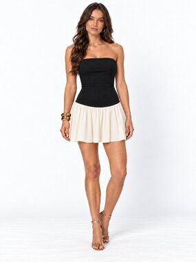 Pink Ripple Black Cream Strapless Drop Waist Mini Dress NWT Cocktail Party S M L